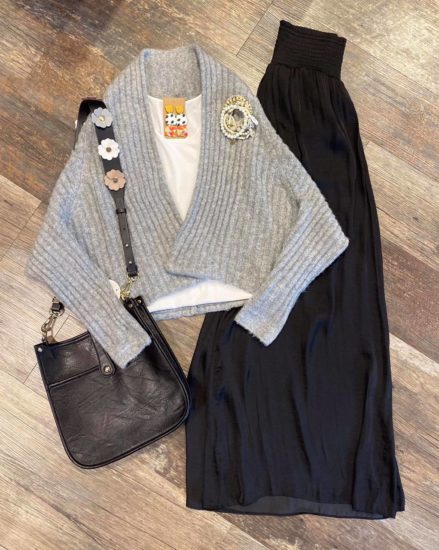 Wide leg pants and shawl cardigan