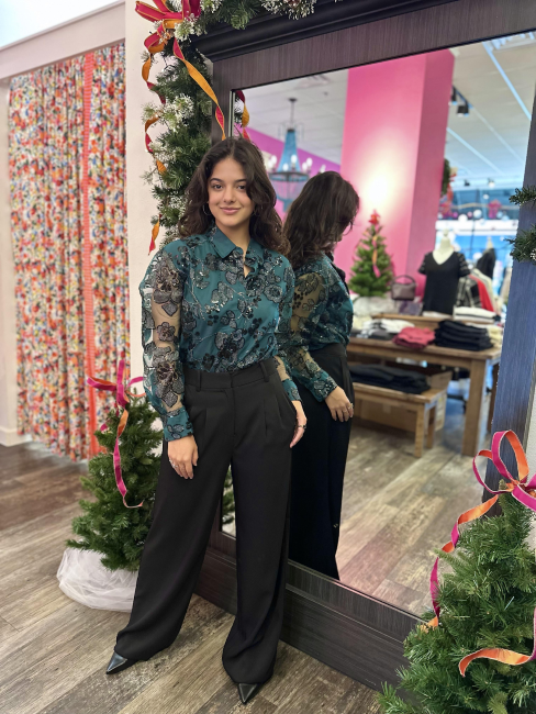 emerald button down embellished with black and silver sequin embroidery by Sanctuary