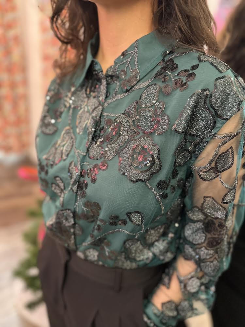 emerald button down embellished with black and silver sequin embroidery by Sanctuary