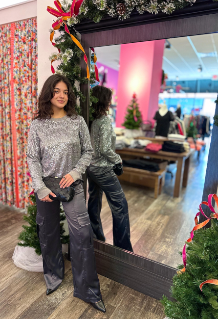 stretchy sequin longsleeve in a gunmetal finish and wide-leg satin cargo pants