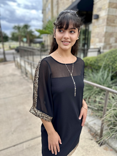 black apricot shift dress with sequin stripe down the sleeves at san antonio clothing boutique store