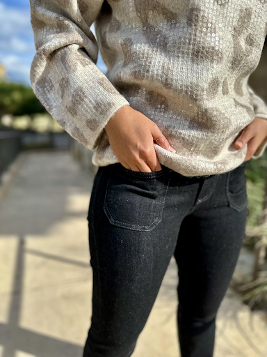 zoomed in photo of tribal cheetah sweater and dear john jeanne pants at san antonio boutique store