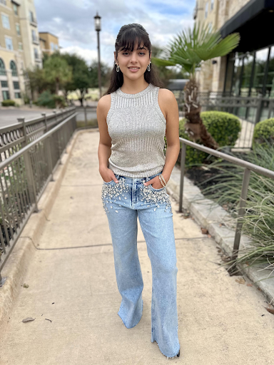 shiny lurex metallic top by another love paired with rhinestone deim at san antonio boutique store