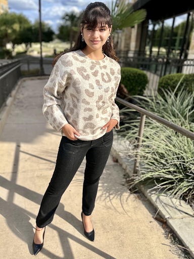 tribal cheetah sweater and dear john jeanne pants at san antonio boutique store