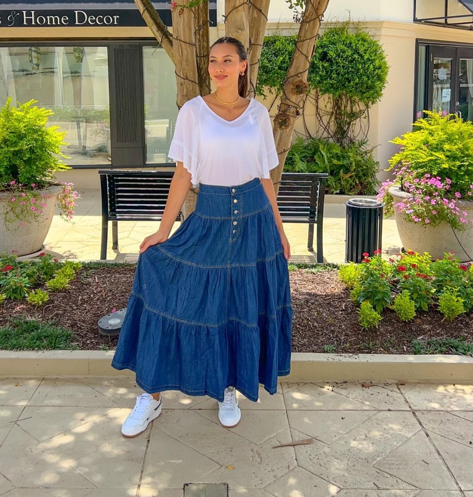denim skirt with white top